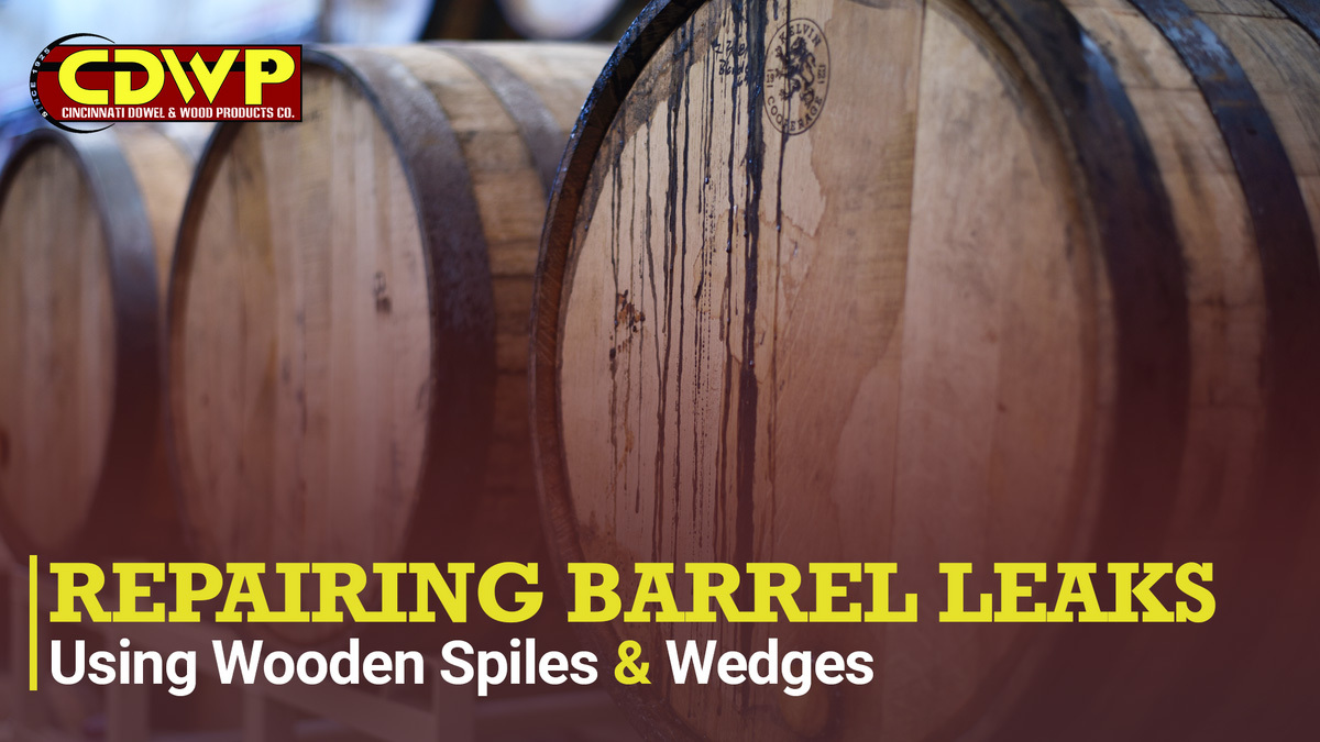 A line of wooden barrels. The text reads, "Repairing Barrel Leaks Using Wooden Spiles & Wedges" 
